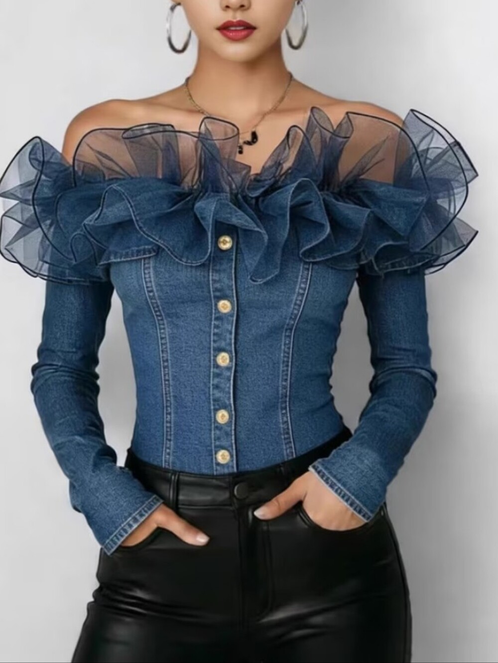 Women'S Off The Shoulder Denim Blouse Dramatic Tulle Ruffle Trim Long Sleeve